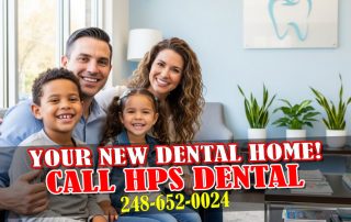 A diverse family of four, including parents and two children, smiling happily in a clean, modern dental waiting room.