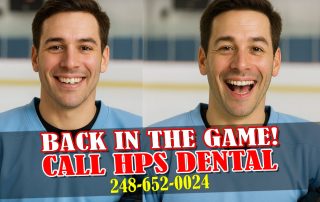 Adult hockey player smiling with a chipped front tooth before and fixed after with dental bonding treatment