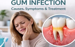 Woman holding jaw with gum pain and inflamed gum illustration showing periodontal infection