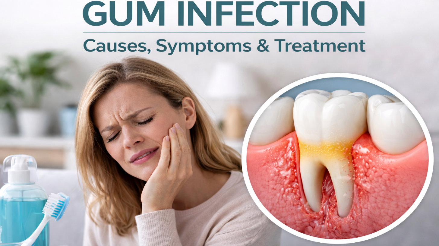 Woman holding jaw with gum pain and inflamed gum illustration showing periodontal infection
