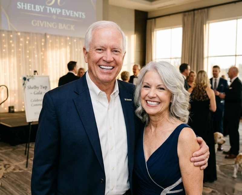 A candid photograph of a happy senior couple with bright, natural-looking smiles, showcasing beautiful partial dentures, at a social gathering.